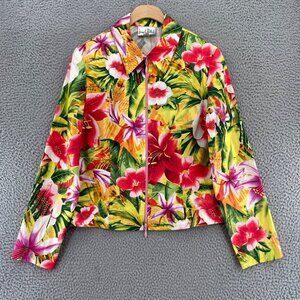 Joseph Ribkoff Jacket Womens 12 Green Multi Floral Tropical Hawaiian Zip Collar
